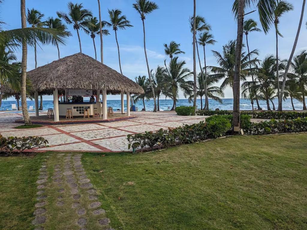 a gazebo on the beach with palm trees at OCEANPARADISE to you ALBATRO l Y ll in Juan Dolio