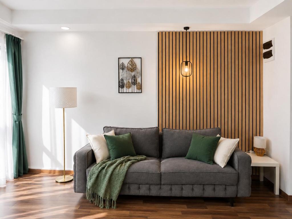 a living room with a gray couch in a room at Green Deluxe Apartment Cosmopolis in Ştefăneştii de Jos
