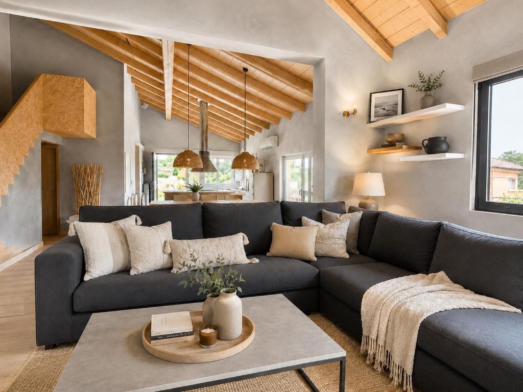 a living room with a blue couch and a table at Le Blanc in Dassia