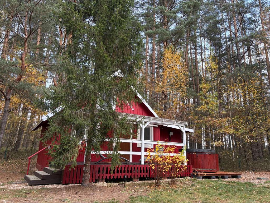a red and white house in the middle of a forest at Hajerówka in Lubliniec
