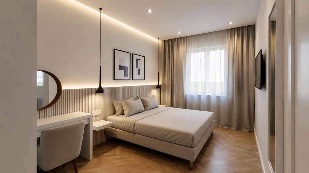 a bedroom with a bed and a vanity and a mirror at The Central Stay Cagliari in Cagliari