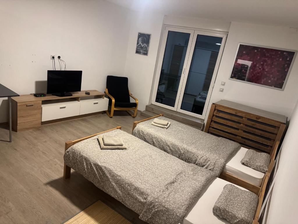 a living room with two beds and a tv at Studio Maša in Zaječar