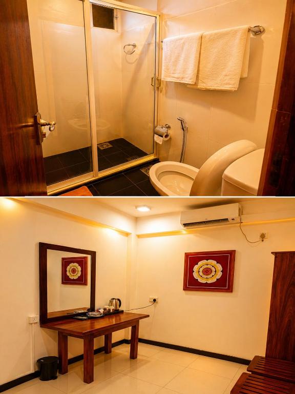 two pictures of a bathroom with a toilet and a sink at Urban Kandy City Hotel Hostel in Kandy