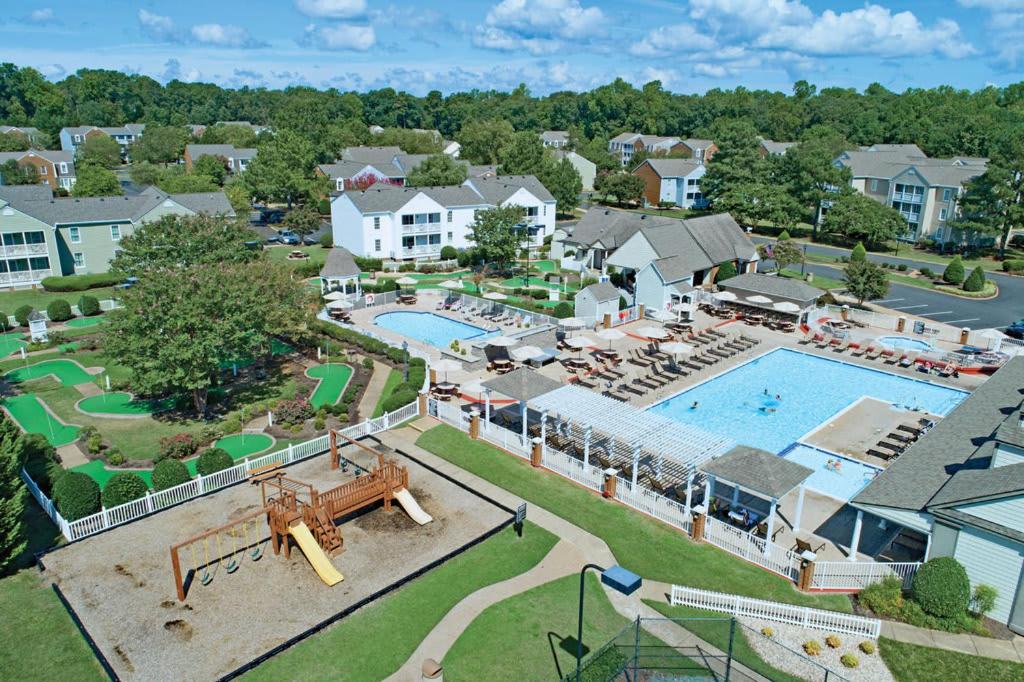an aerial view of a pool at a resort at Kingsgate Resort 3BR Apartment in Williamsburg