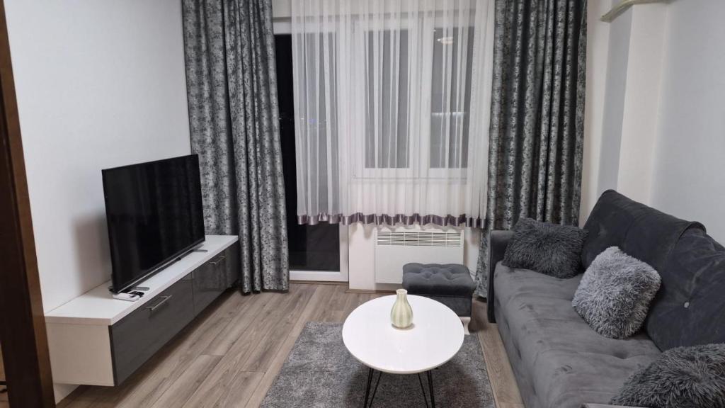 a living room with a couch and a tv at Aqua Lux Apartman in Jagodina