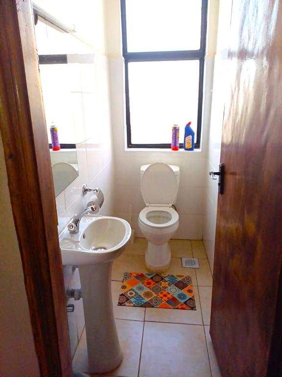 a bathroom with a toilet and a sink and a window at Churlinsky Apartments in Eldoret