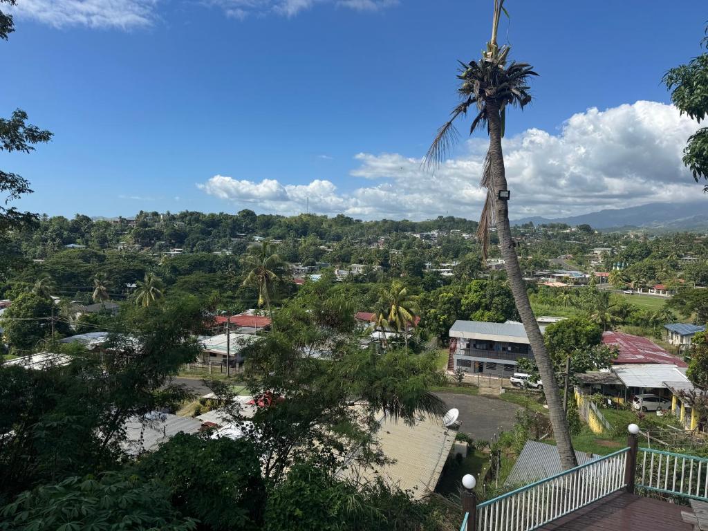 a palm tree in the middle of a town at Holiday Home in Lautoka