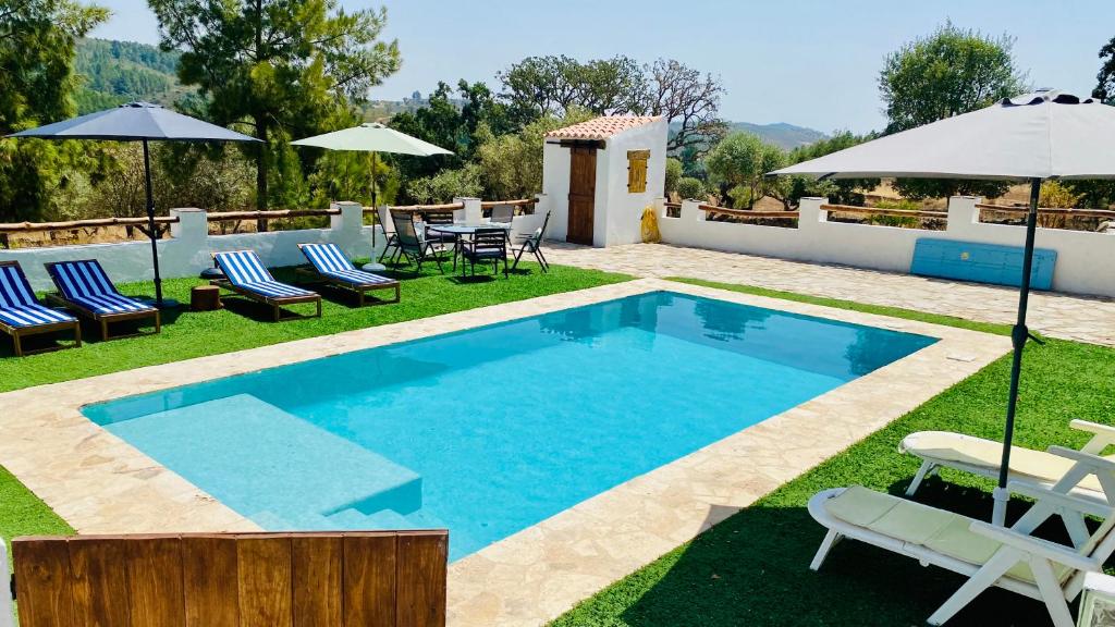 a pool with chairs and umbrellas on the grass at Casa La Rocita in Badajoz