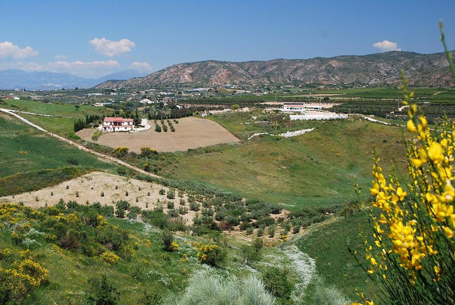 una vista aérea de un campo con una casa en una colina en Bed & Breakfast Finca de los Sueños en Alhaurín de la Torre