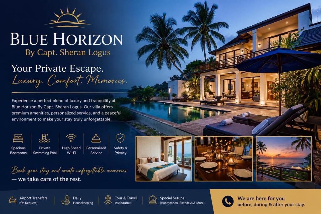 a flyer for blue horizon resort and villas at Blue Horizon By Capt Logus in Ja-Ela
