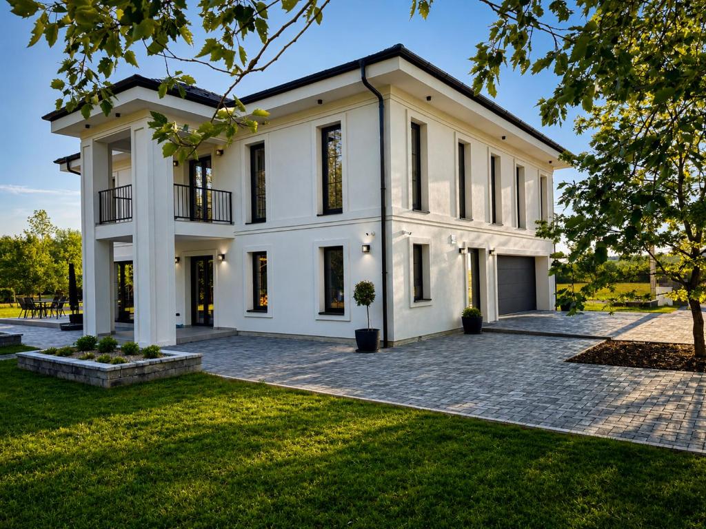 a large white house with a courtyard at Berek Kúria in Sonkád