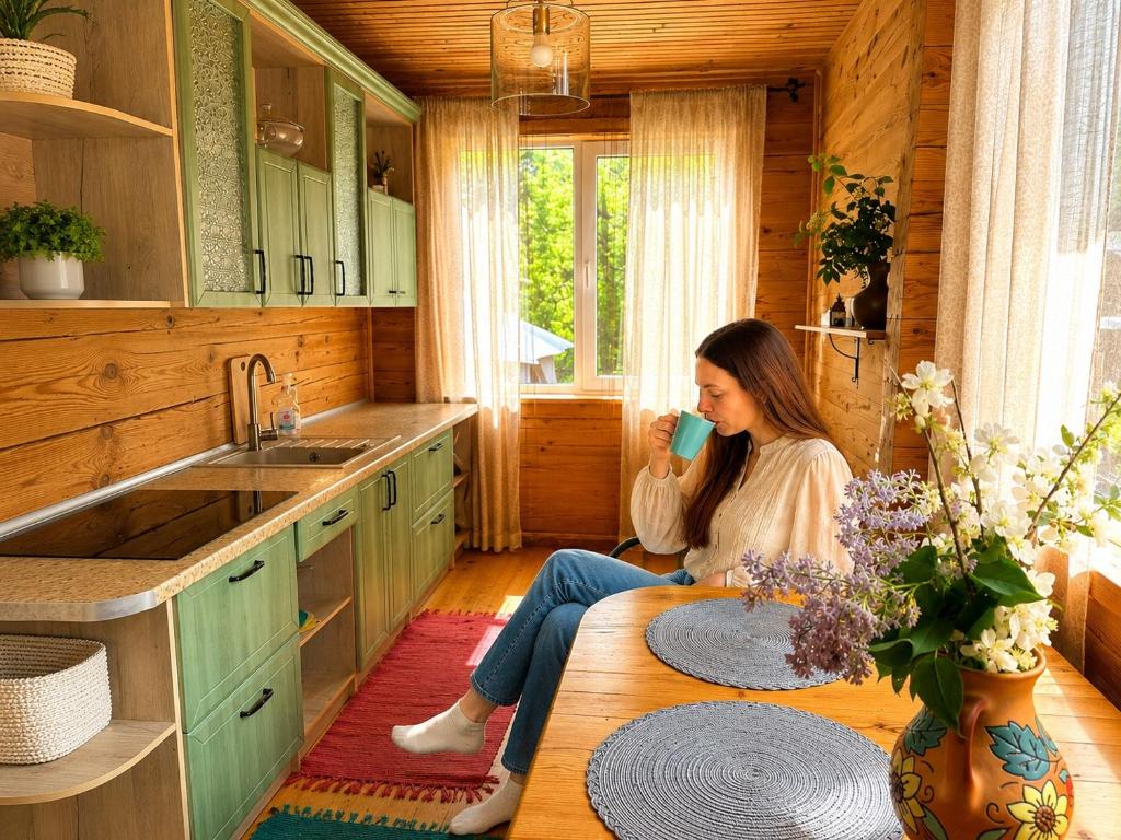 a woman sitting in a kitchen drinking a cup of coffee at Eco house in Szack
