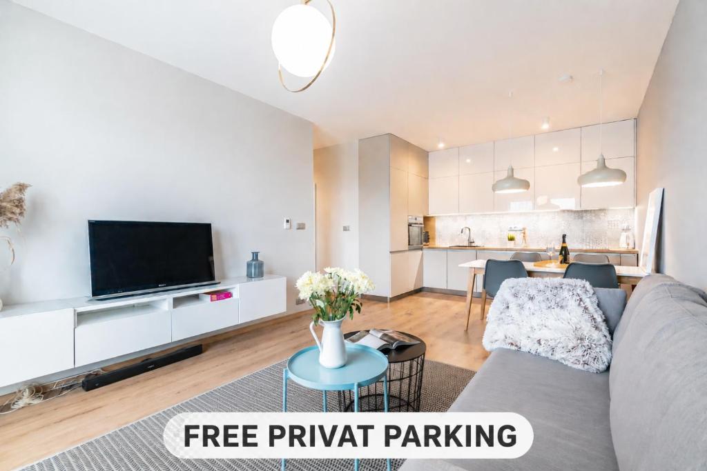 a living room with a couch and a tv at Apartmán AZIZI, private parking garage free, 5 min peso do centra in Košice
