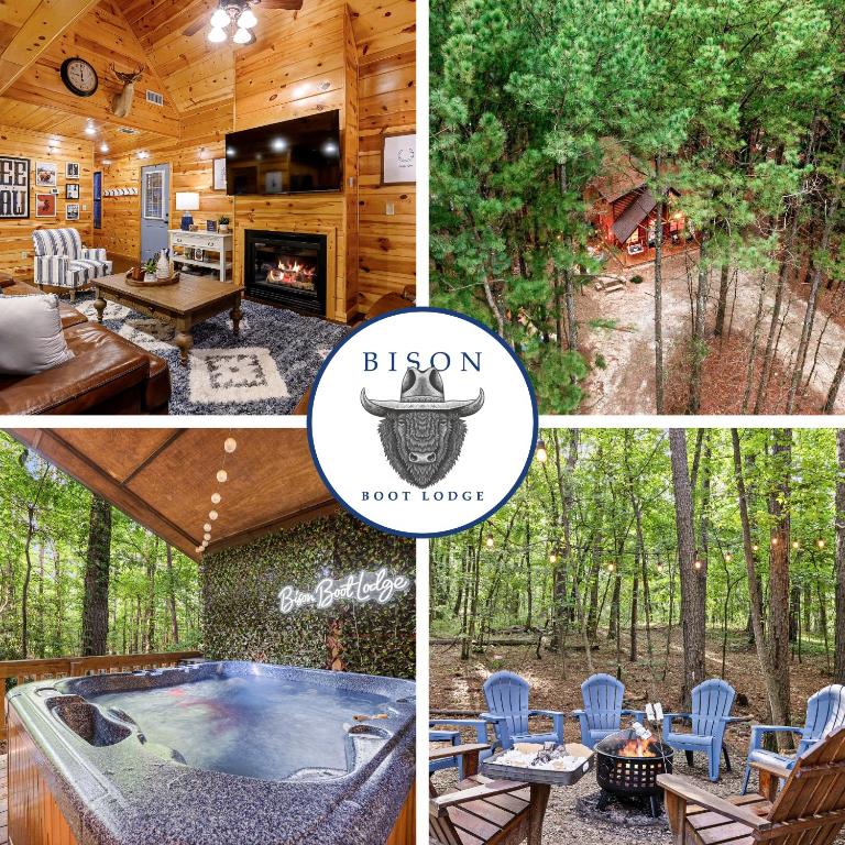 a collage of pictures of a cabin with a hot tub at Luxury Cabin Near Lake - Sauna, Cold Plunge, Hot Tub, Fire Pit, & Games in Broken Bow