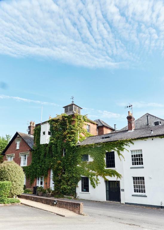 a white house with ivy on the side of it at Historic Brewery Cottage in Dorset Village Sleeps 10 in Fontmell Magna