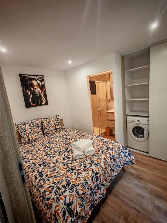 a bedroom with a bed and a closet at Appartements à Evron in Évron