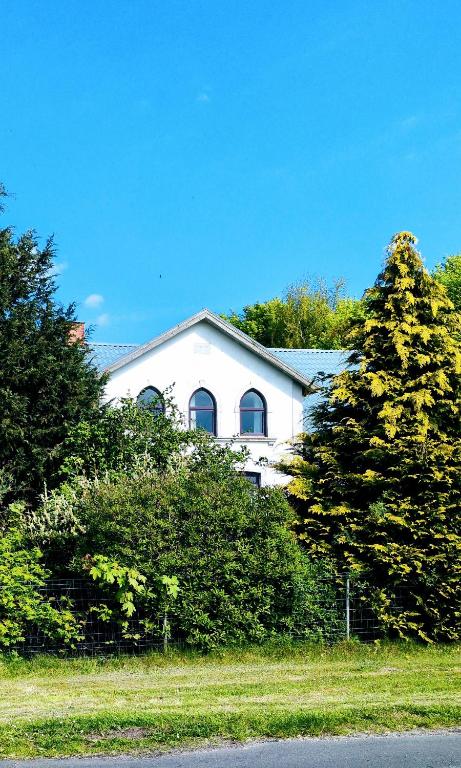 a white house with trees in front of it at Karakul Shepherd House in Tinglev