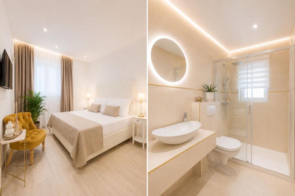 two pictures of a hotel room with a bed and a bathroom at Best Location Beach in Split
