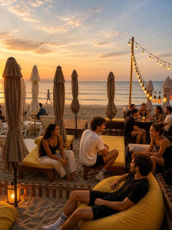a group of people sitting on the beach watching the sunset at Moonrise Beachfront Luxury in Nathon Bay