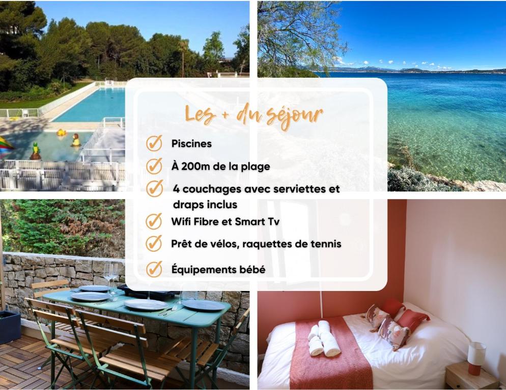 a collage of pictures of a room with a view of the ocean at Les jardins de la Méditerranée in Six-Fours-les-Plages