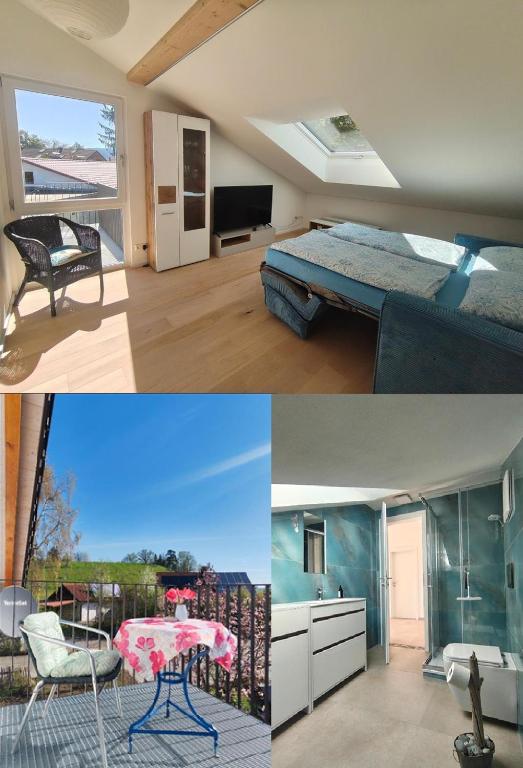 a bedroom and a room with a bed and a table at Am Weiher mit Terrasse in Hergensweiler