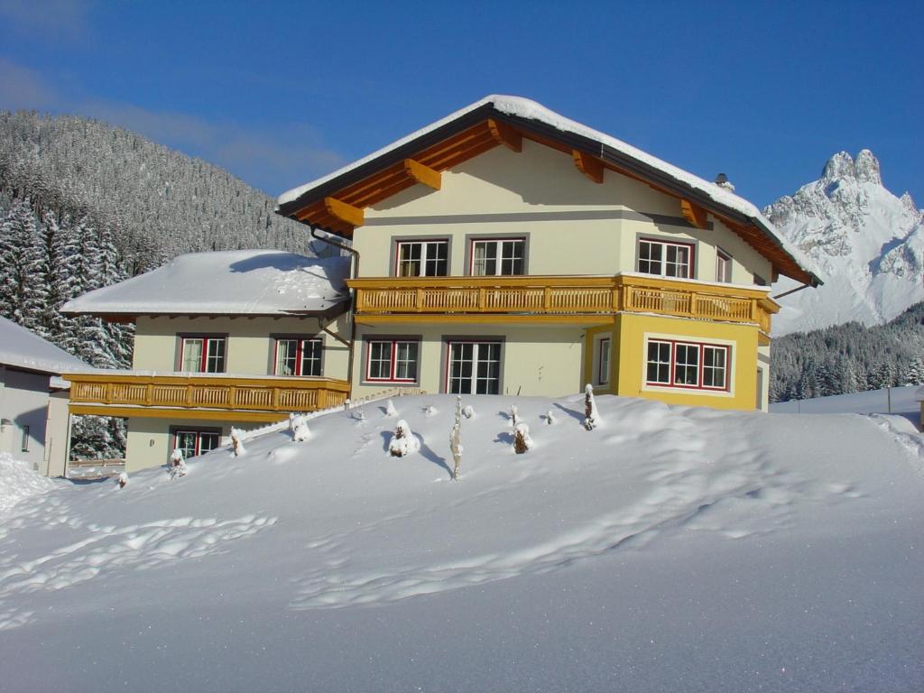 Una casa con un montón de pájaros parados en la nieve en Haus Panorama, en Filzmoos