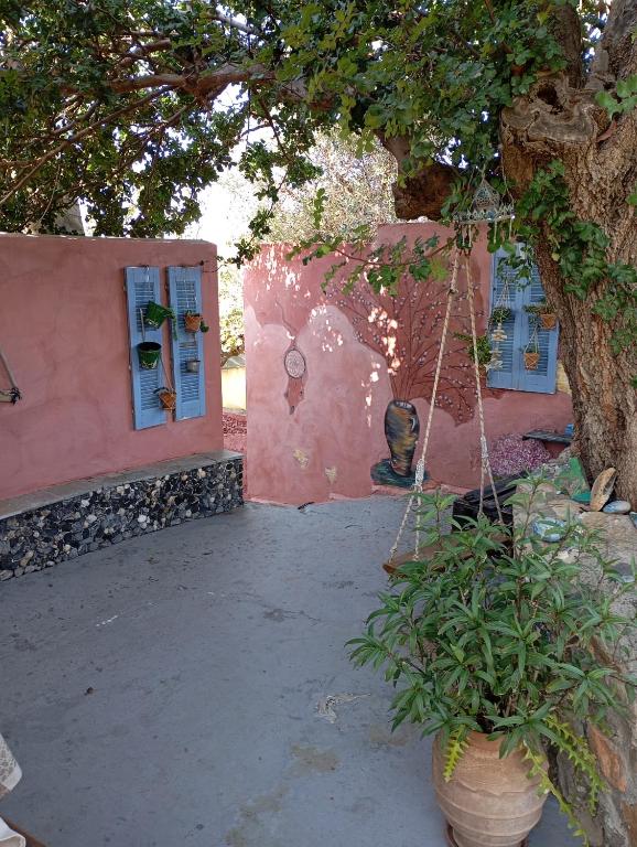 a pink house with a swing and a tree at gialos house in Livadia
