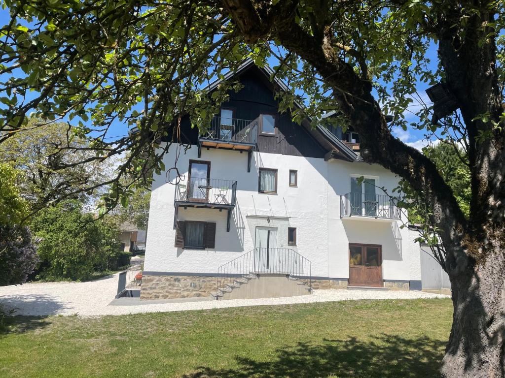 a large white house with a tree in the foreground at Pension Victoria in Millstatt