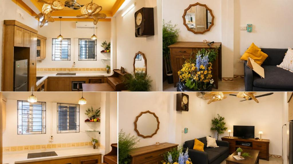 two pictures of a living room and a kitchen at Local Homestay in Hanoi