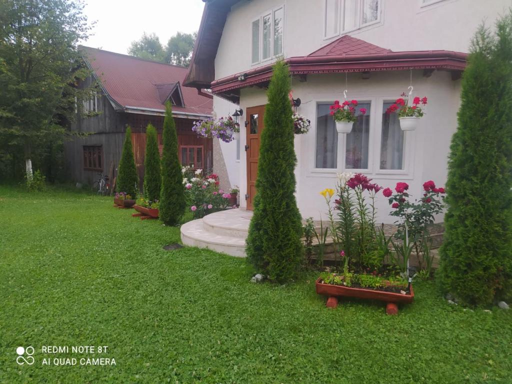 a white house with some plants in the yard at Casa Bunicilor in Moldoviţa
