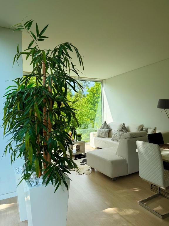 a living room with a white couch and a large plant at Ednas Place - Tranquilidade e Natureza in Caminha