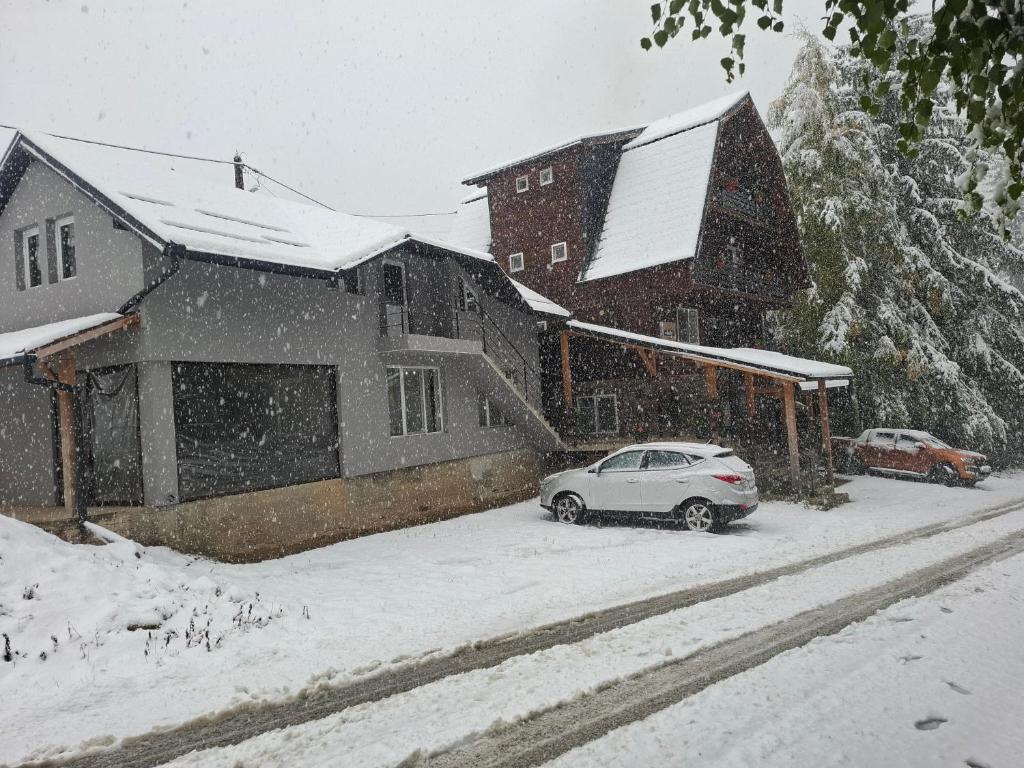 a car parked in front of a house in the snow at Cabana Andy in Rausor