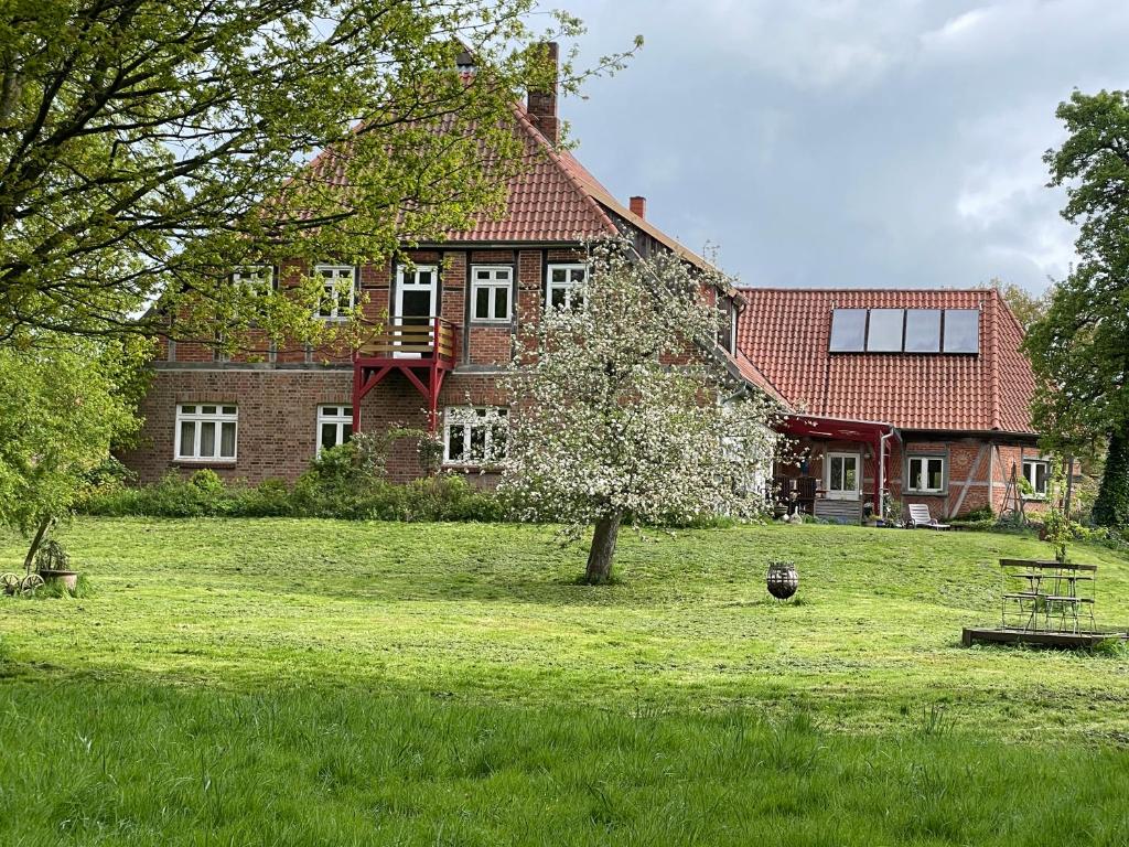 a large brick house with a tree in the yard at Krusenhofilona in Krusendorf