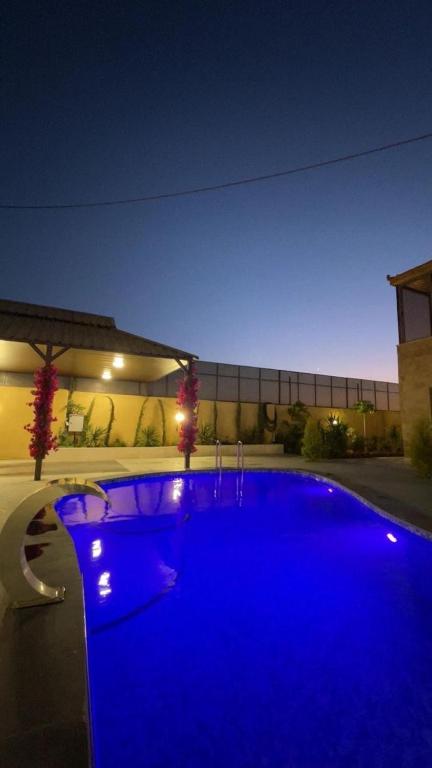 a blue swimming pool in front of a building at night at WesamFarm in Amman
