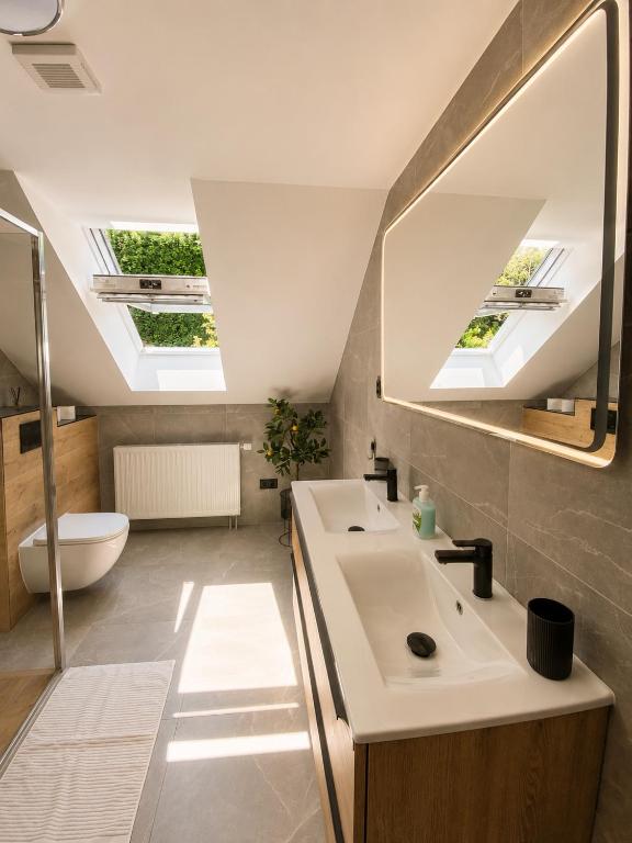 a bathroom with a sink and two skylights at Elysian apartment 1 in Trenčín
