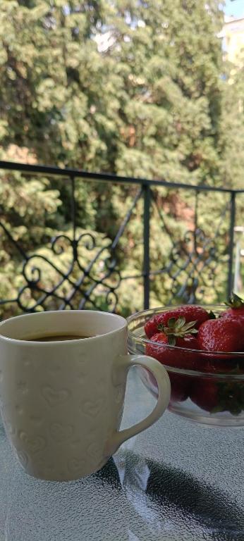a cup of coffee and a plate of strawberries on a table at Green view apartman Pančevo in Pančevo
