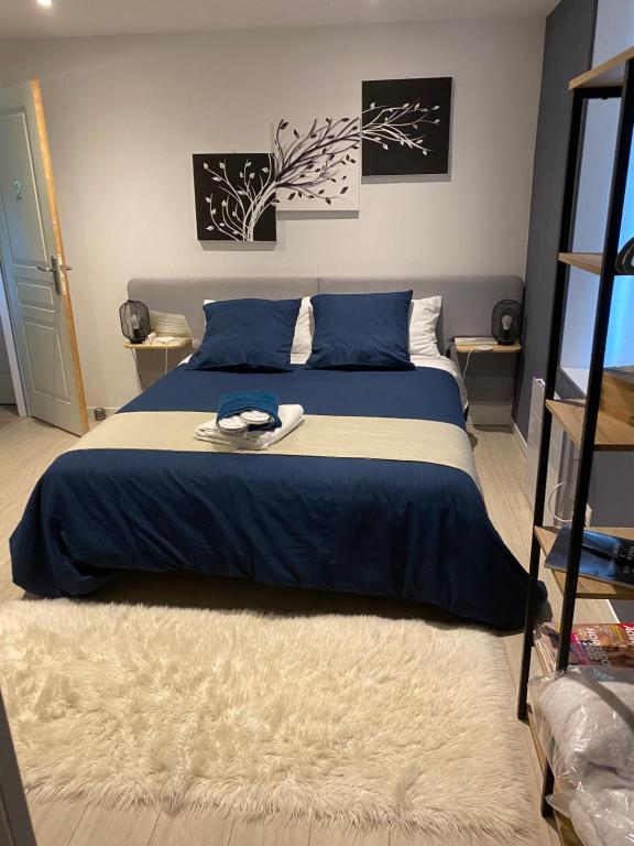 a bedroom with a bed with blue and white sheets at Les chambres dhotes de la croix bleue 2 in Murinais