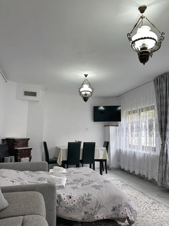 a bedroom with two beds and a table and chairs at Casa Adina Sibiel in Sibiel