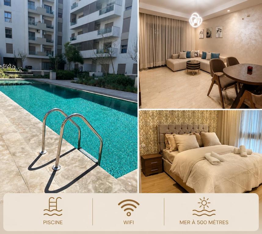 a collage of photos of a hotel room and a pool at Charmant studio, piscine proche mer in Aïn Harrouda