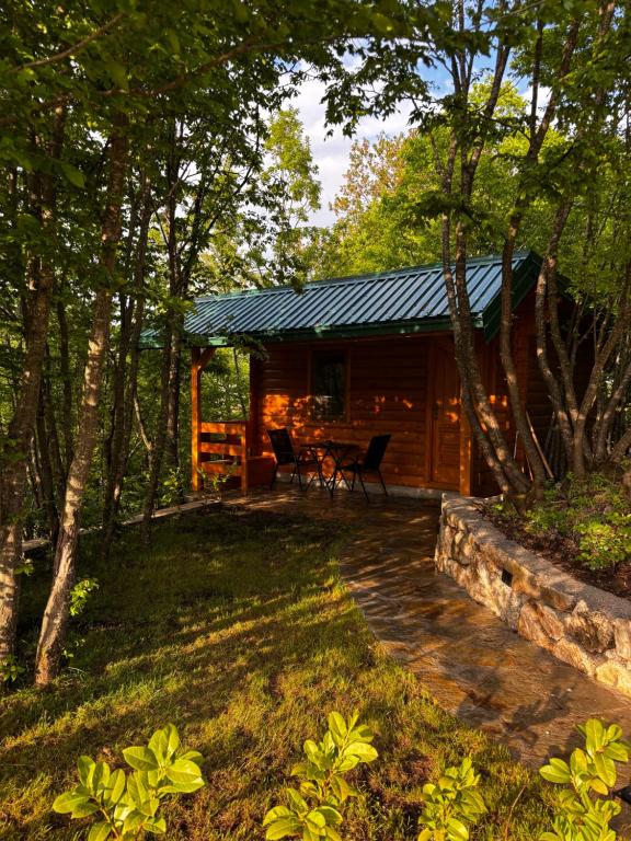 a log cabin with a table and chairs in the woods at Brvnara Toma in Cetinje