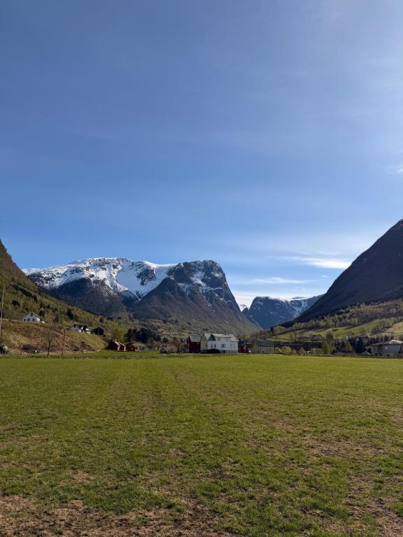 a field with mountains in the background at Villa Fresvik in Fresvik