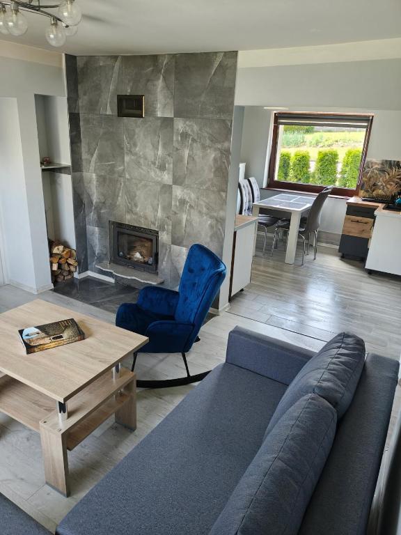 a living room with a couch and a fireplace at Szlachcianka in Gorzuchów