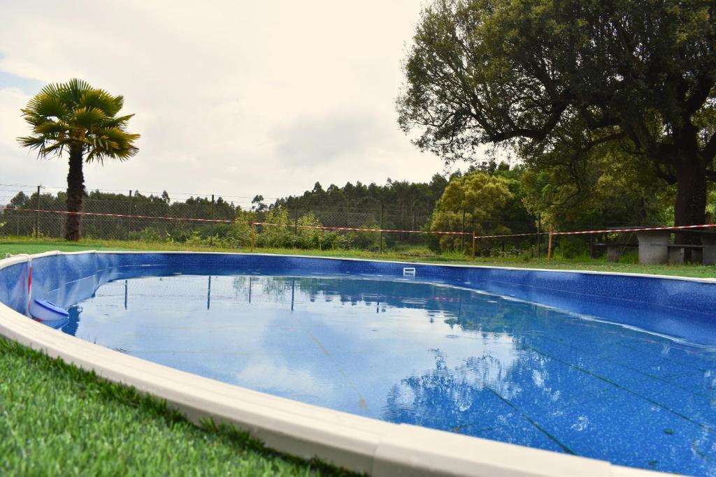 a large blue swimming pool in the grass at Casa da Aldeia in Penafiel