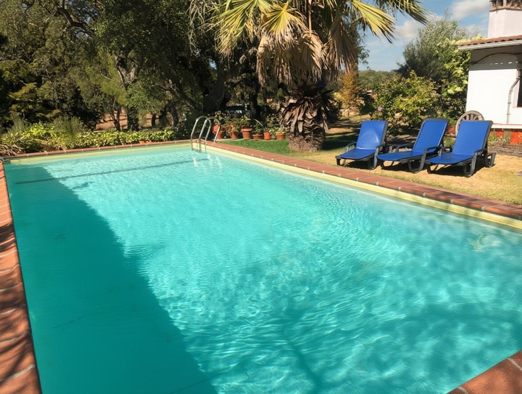 a swimming pool with two blue chairs and a swimming pool at Monte do Rei Santo in Arronches