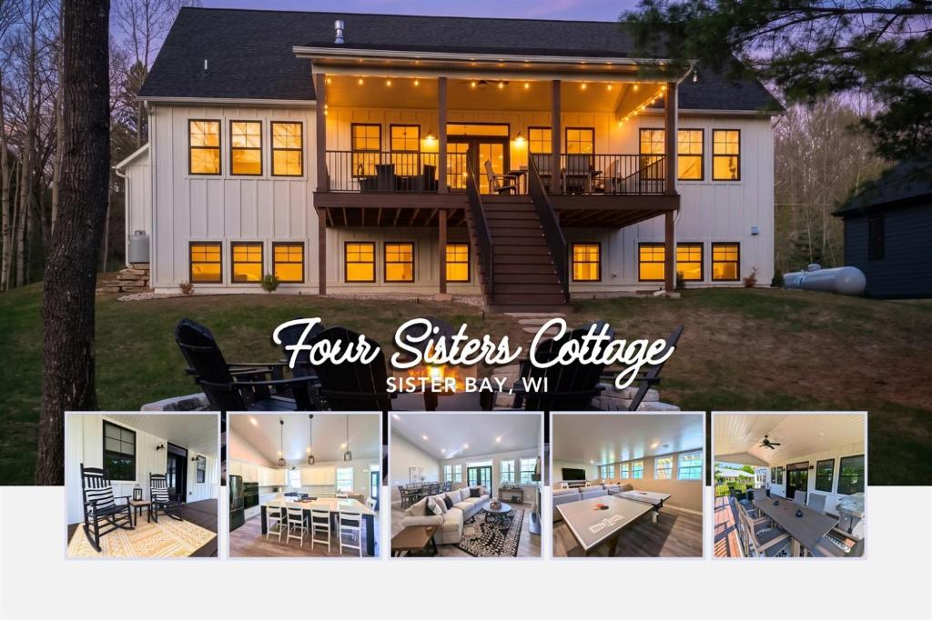 a collage of four pictures of a house at Four Sisters Cottage- Walk to Sister Bay, Fireplace, Ping Pong & More in Sister Bay