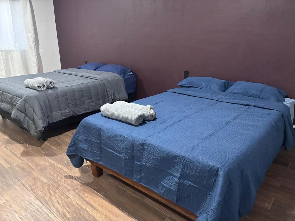 two beds in a bedroom with blue sheets and towels at Demi Apartment in Zaachila