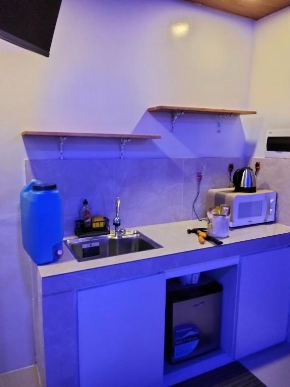a kitchen counter with a sink and a microwave at Nord House Laoag 7 in Laoag
