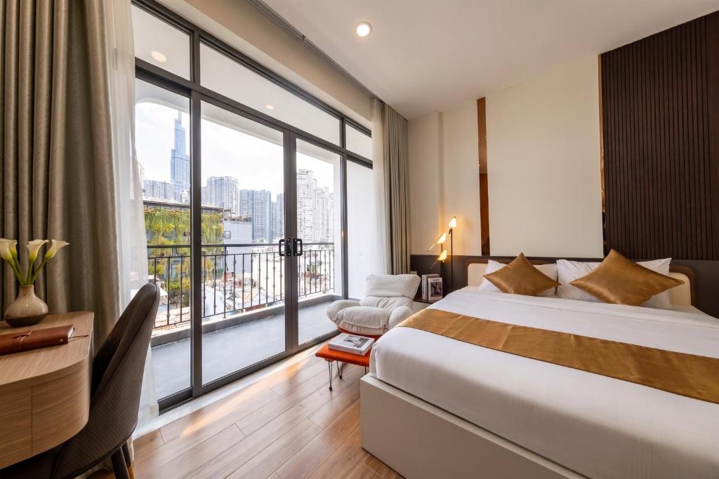 a hotel room with a bed and a large window at HomeAi Apartment - Binh Thanh near Landmark 81 in Ho Chi Minh City