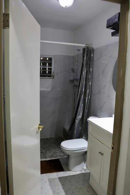 a bathroom with a white toilet and a sink at Grapes of Grace3 in Baie Nettle
