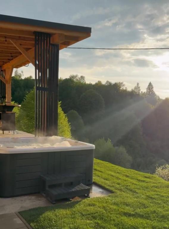 a fire pit in a yard with a view at Pitoresc Cabin in Tranisu